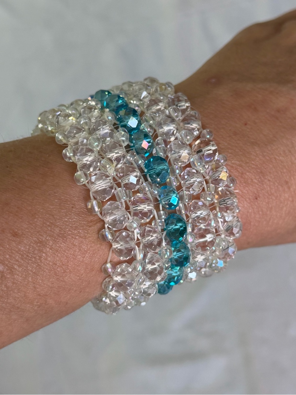 Handmade Murano Glass Stretch Bracelet – White & Blue Multi-Strand